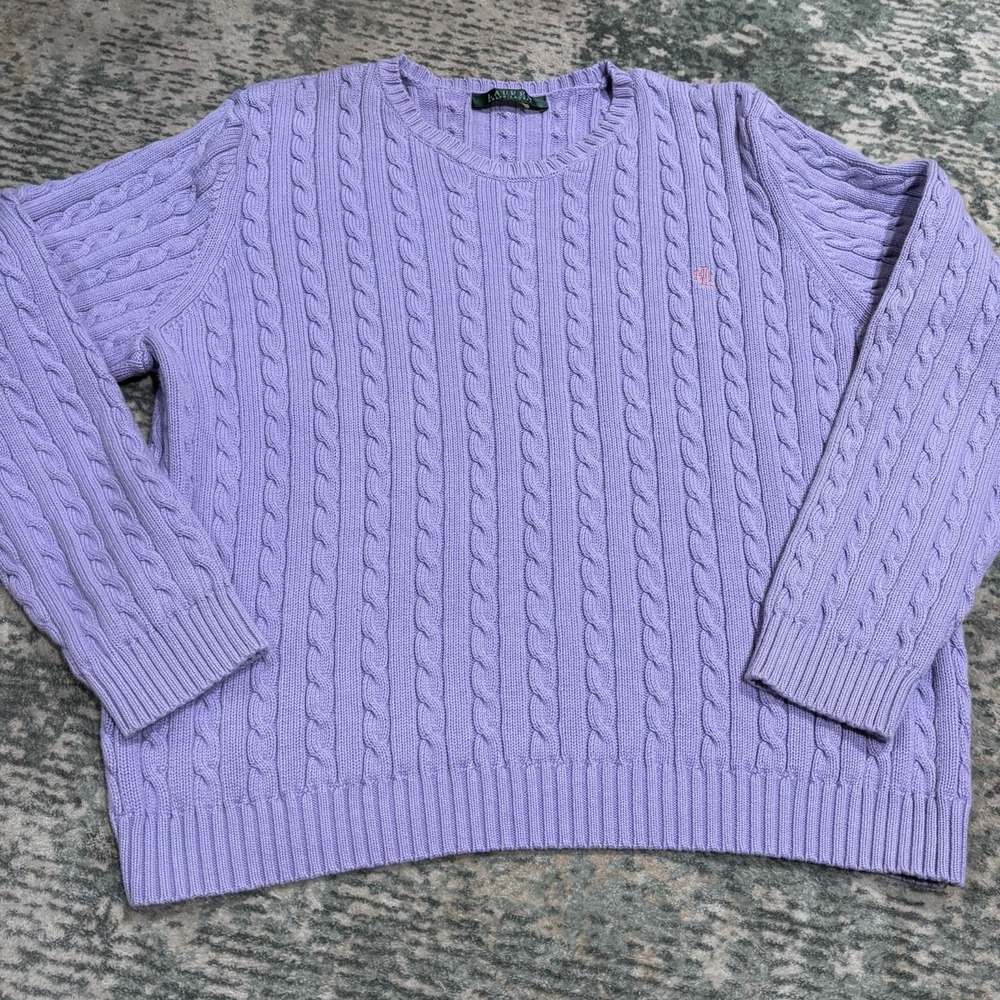 Lauren Ralph Lauren Purple Cable Knit Sweater Large L LRL Logo Lavender Cotton